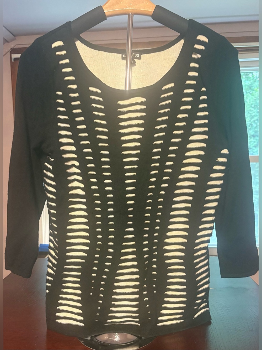 Express Black Cream Laser Cut Slashed Illusion Knit Sweater Top 3/4 Sleeve